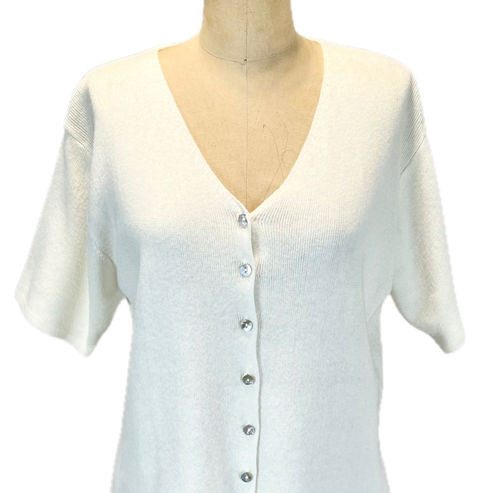 VINTAGE Tally Ho fine knit sweater cardigan lightweight short sleeve ivory white